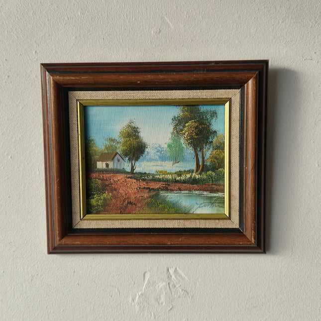 20th Century Vintage Cottage Trees River Mountain Sky Oil Painting Authentic - HollandArtShop