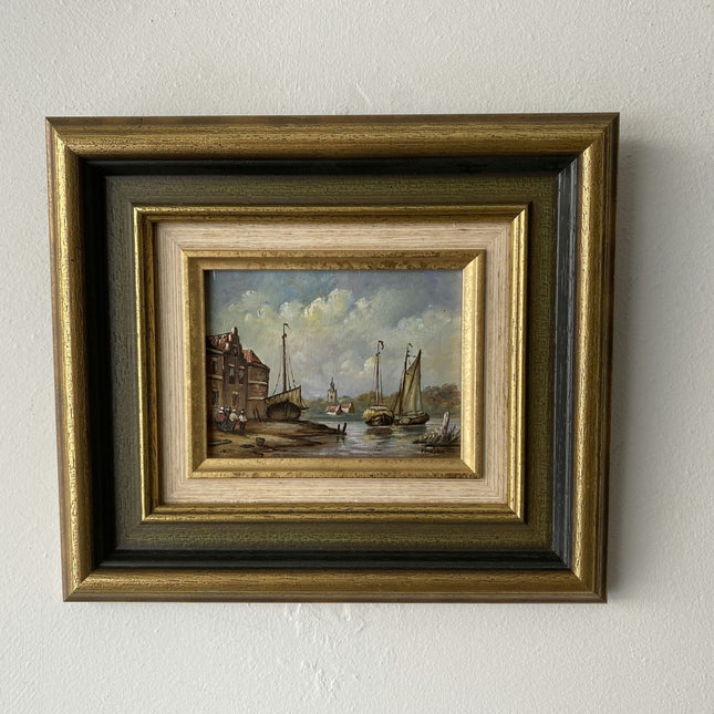 20th Century Vintage Dutch Village Riverside Boats Church Sky Oil Painting - HollandArtShop
