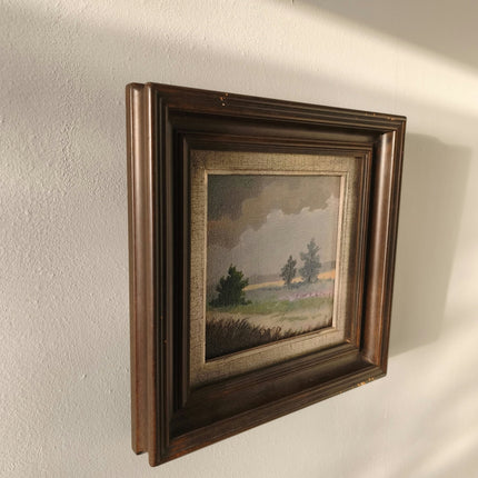 20th Century Vintage Meadow Path Trees Sky Clouds Oil Painting Authentic - HollandArtShop