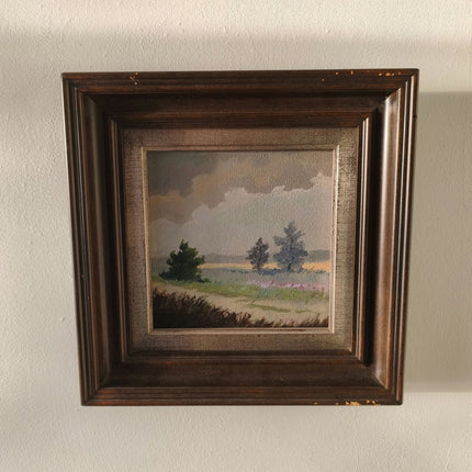20th Century Vintage Meadow Path Trees Sky Clouds Oil Painting Authentic - HollandArtShop