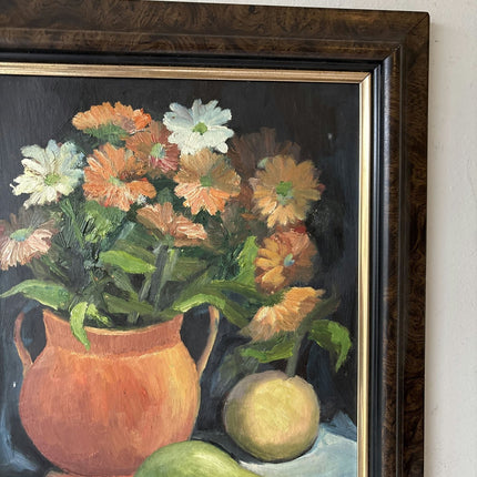 20th Century Vintage Orange Vase White Flowers Green Pear Table Oil Painting - HollandArtShop