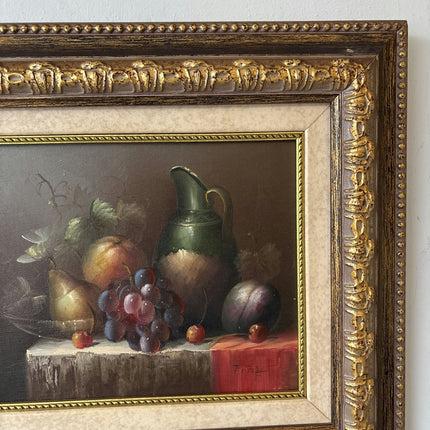 20th Century Vintage Pear Grapes Plum Jug Table Oil Painting Authentic - HollandArtShop