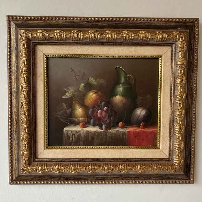 20th Century Vintage Pear Grapes Plum Jug Table Oil Painting Authentic - HollandArtShop
