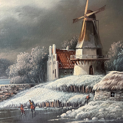 20th Century Vintage Winter Windmill Stone Bridge River Skaters Oil Painting - HollandArtShop