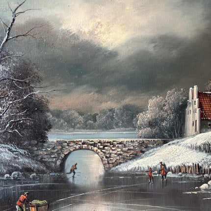 20th Century Vintage Winter Windmill Stone Bridge River Skaters Oil Painting - HollandArtShop