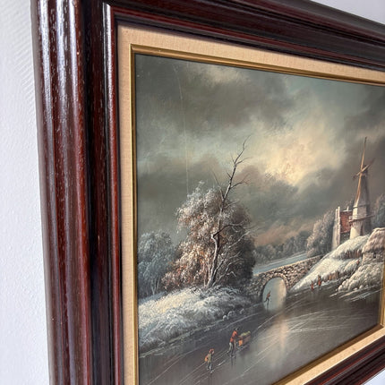 20th Century Vintage Winter Windmill Stone Bridge River Skaters Oil Painting - HollandArtShop