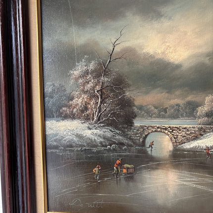 20th Century Vintage Winter Windmill Stone Bridge River Skaters Oil Painting - HollandArtShop
