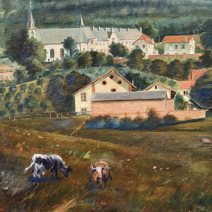 1909 Antique Landscape Oil Painting "Grazing Cow" Large Artwork Holland Art Shop