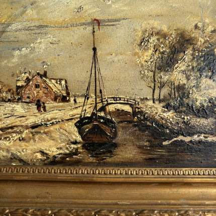 Vintage Harbor Scene Oil Painting "Gold Frame" Rustic Small Art Holland Art Shop