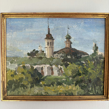 Original Landscape Oil Painting "Church Towers" Rustic Small Artwork Holland Art Shop