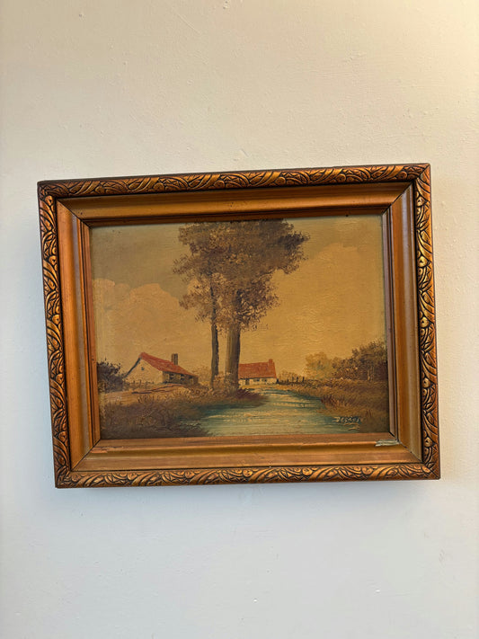 Fine Oil Painting Farm "Red Roof Cottage" Traditional Medium Artwork