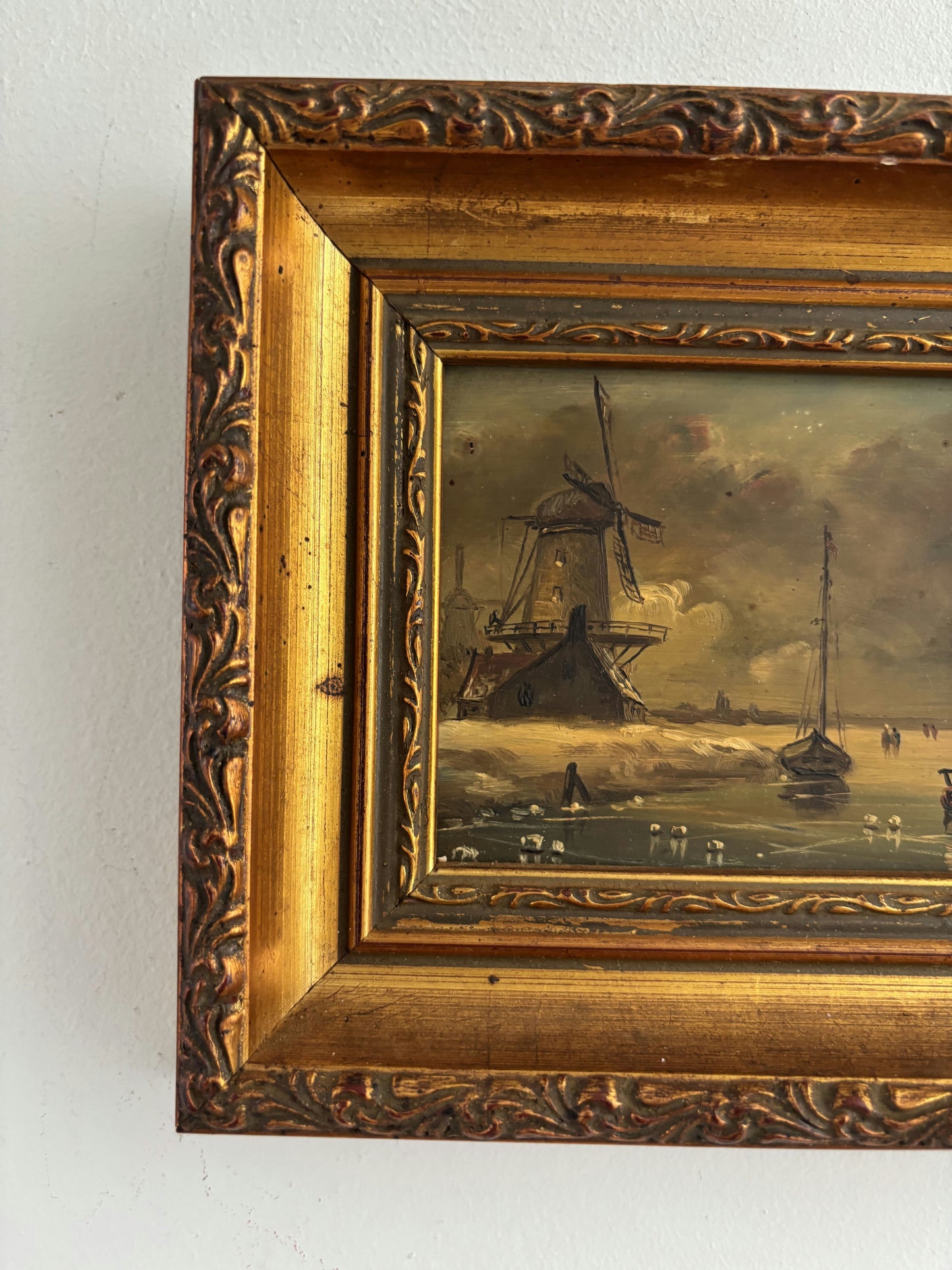 Remarkable Oil Painting Winter Landscape "Windmill Scene" Intriguing Small Art