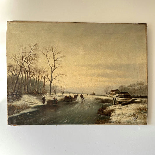 Fine Winter Landscape Oil Painting "Frozen River Scene" Remarkable Medium Art