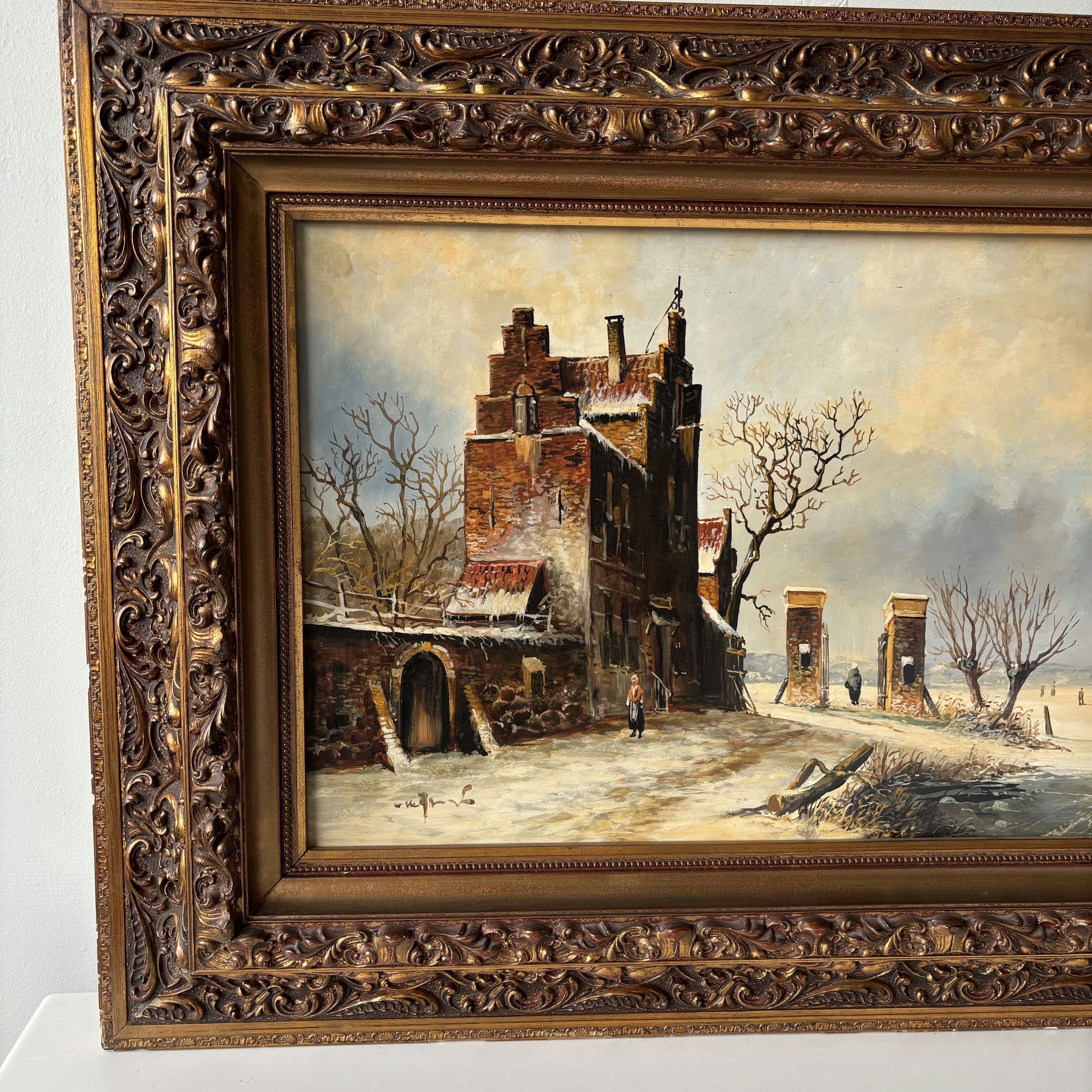 19th Century Antique Brick Building Snow Trees Skaters Oil Painting Authentic