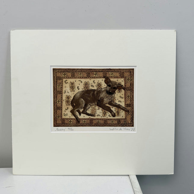 Original Animals etching "Resting Dog" Rustic Small Art Holland Art Shop