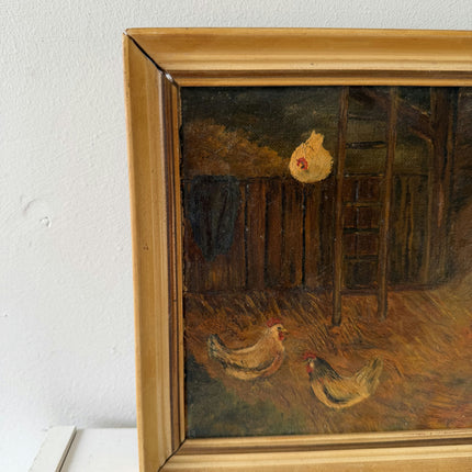 Vintage Oil Painting Animals "Chickens Roaming Free" Wonderful Small Artwork