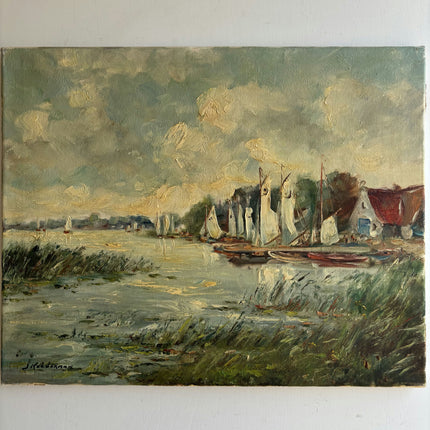Vintage Harbor Scene Oil Painting "Sailboats Cluster" Timeless Artwork Holland Art Shop