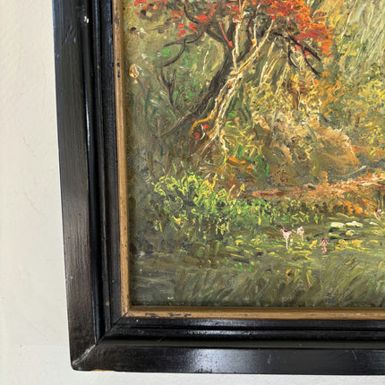 Antique Oil Painting Landscape "Red Tree Reflection" Refined Small Artwork Holland Art Shop