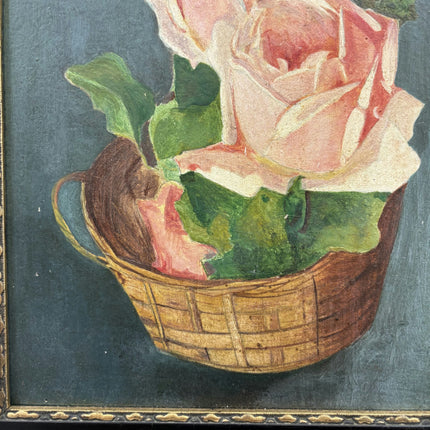 1932 Floral Still Life Oil Painting "Rose Basket" Small Artwork Holland Art Shop