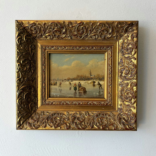 19th Century Winter Landscape Oil Painting "Ice Fishing Scene" Small Artwork