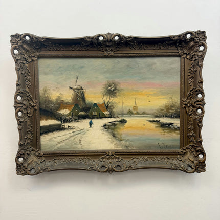 Rustic Winter Landscape Oil Painting "Winter Windmill" Original Large Artwork Holland Art Shop