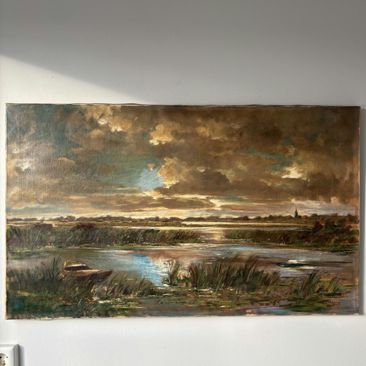 20th Century Marsh Boat Clouds Sunset Village Vintage Oil Painting Authentic