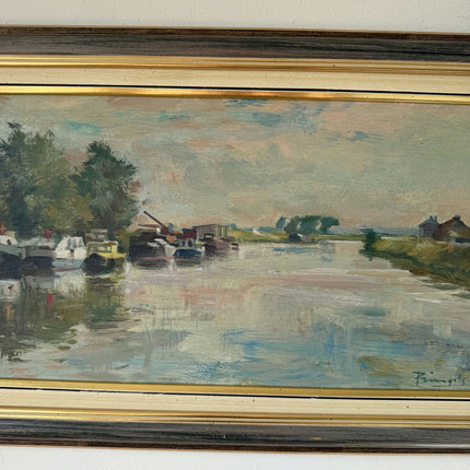 Remarkable Oil Painting Harbor Scene "River Boats" Striking Belgique Artwork Holland Art Shop
