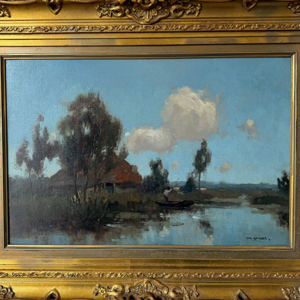 Vintage Oil Painting Landscape "River Fisherman" Original Haagse School Art Holland Art Shop