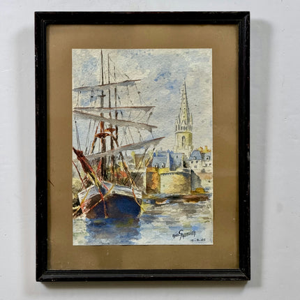 1945 Harbor Scene Aquarel "Church Spire" Small Art Holland Art Shop