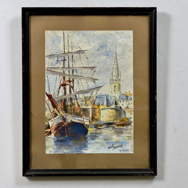 1945 Harbor Scene Aquarel "Church Spire" Small Art Holland Art Shop