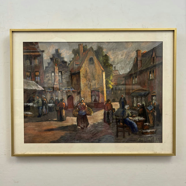 Expressive Cityscape Oil Painting "Market Woman" Vintage Artwork Holland Art Shop