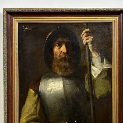 19th Century Antique Portrait Oil Painting "Armored Guard" Large Artwork Holland Art Shop