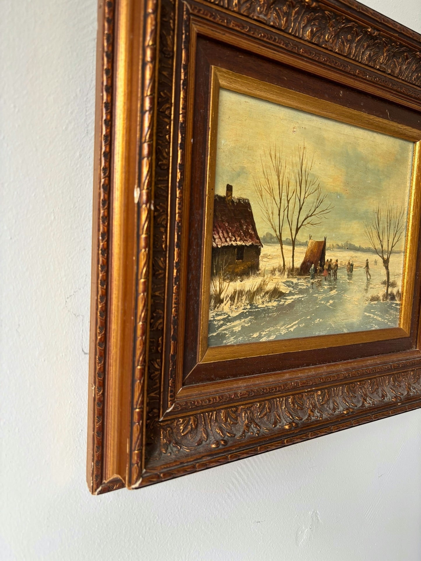 Vintage “Winter Skaters” Original Oil Painting Dutch Ice Scene Framed