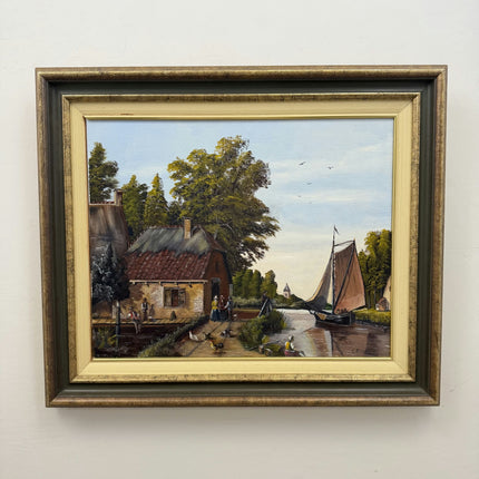 Handcrafted Harbor Scene Oil Painting "Riverside Cottage" Classic Artwork Holland Art Shop