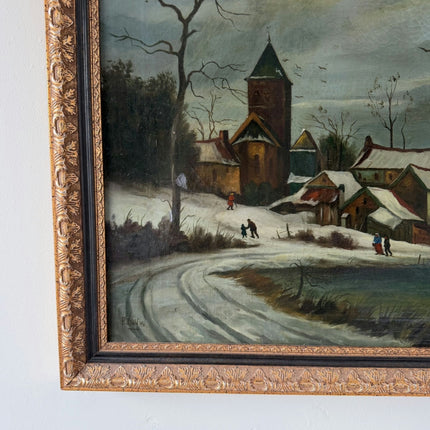 19th Century Antique Winter Landscape Oil Painting "Snowy Village" Large Artwork Holland Art Shop