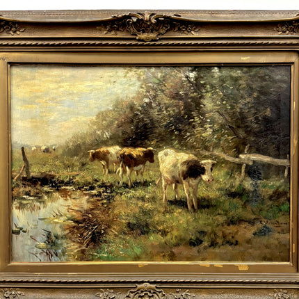 Elegant Animals Oil Painting "Grazing Cows" Vintage Dutch Artwork Holland Art Shop