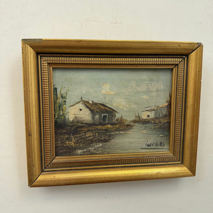 Rustic Farm Oil Painting "Thatched Cottage" Vintage Small Artwork Holland Art Shop