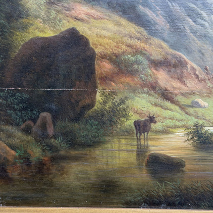 19th Century Antique Landscape Oil Painting "Waterfall Cliff" Art Holland Art Shop
