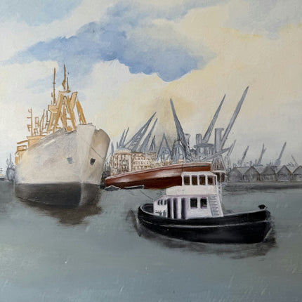 Handcrafted Seascape Oil Painting "Harbor Boats" Rustic Small Artwork Holland Art Shop