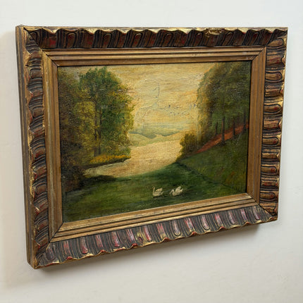 19th Century Antique Landscape Oil Painting "Pair Of Swans" Art Holland Art Shop
