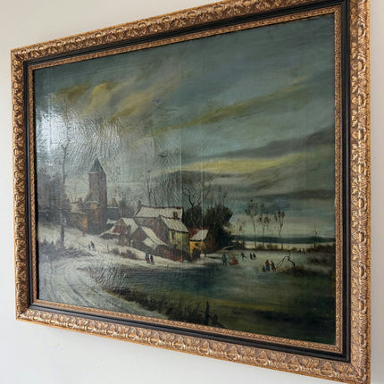 19th Century Antique Winter Landscape Oil Painting "Snowy Village" Large Artwork Holland Art Shop
