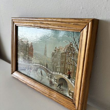 Fine Oil Painting Cityscape "Ice Skating Scene" Vintage Small Artwork Holland Art Shop