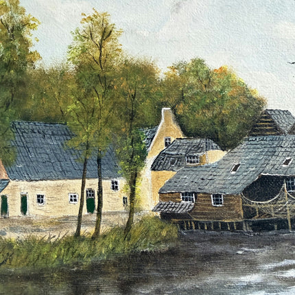 Antique Oil Painting Landscape "Riverside Houses" Remarkable Small Artwork Holland Art Shop