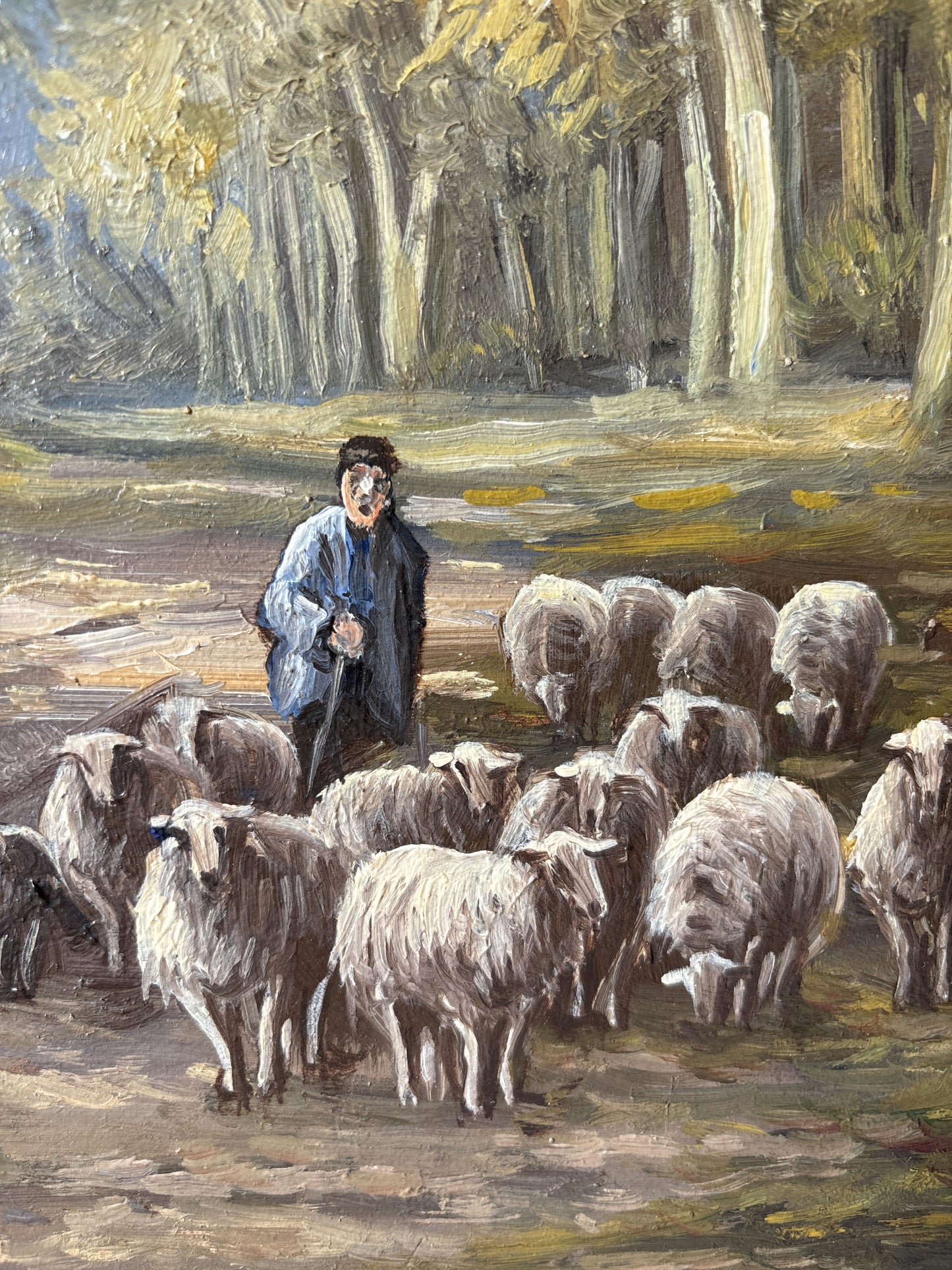 20th Century Vintage Autumn Forest Sheep Path Shepherd Oil Painting Authentic