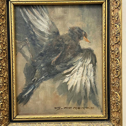 Vintage Animals Oil Painting "Fighting Crows" Expressive Small Artwork Holland Art Shop