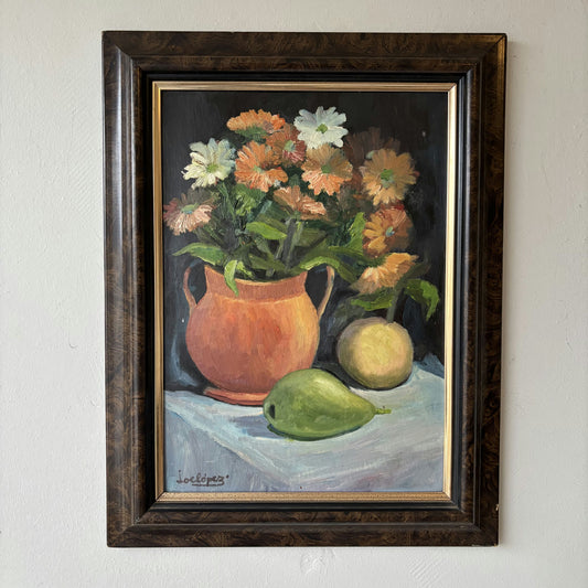 20th Century Vintage Orange Vase White Flowers Green Pear Table Oil Painting