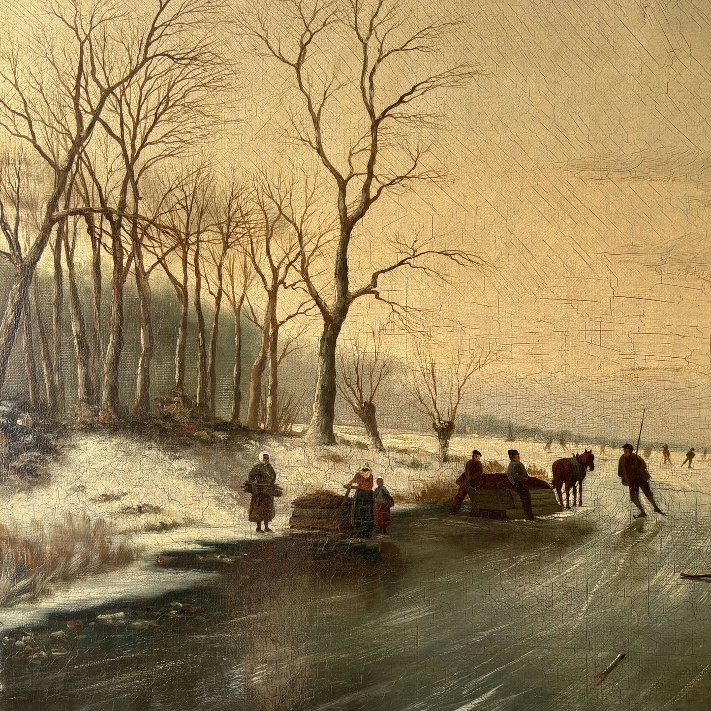Fine Winter Landscape Oil Painting "Frozen River Scene" Remarkable Medium Art