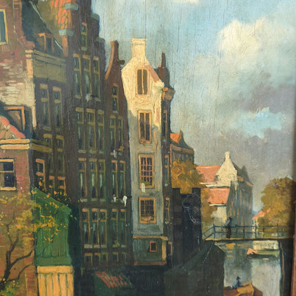 Antique Cityscape Oil Painting "Canal Houses" Handcrafted Artwork Holland Art Shop