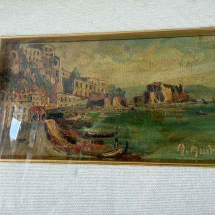 Classic Oil Painting Scenery "Coastal Village Scene" Striking Small Artwork