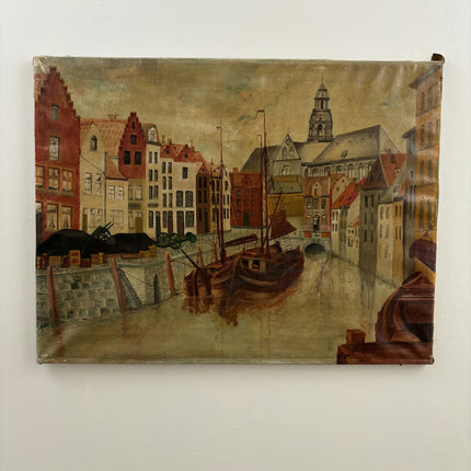 Vintage Cityscape Oil Painting "Harbor Boats" Elegant Large Artwork Holland Art Shop